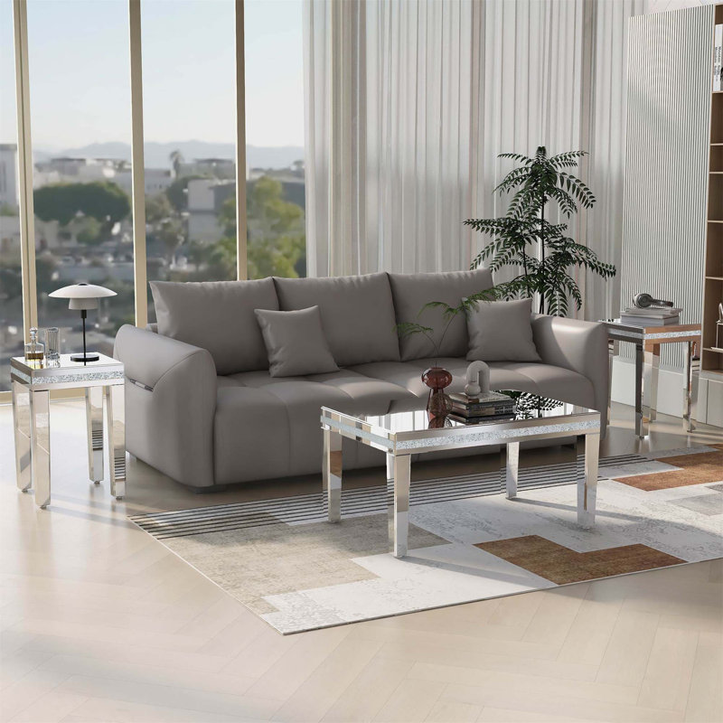 Fashionable Modern Glass Mirrored Coffee Table Set Of 3 Easy Assembly Crystal Design Cocktail Table With 2 End Tables For Apartment Home Office